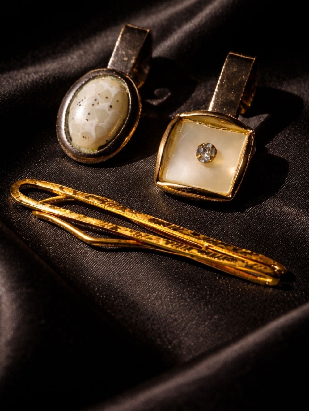 Vintage Gold-Tone Faux White Mother-of-Pearl and Crystal Tie Clip Set